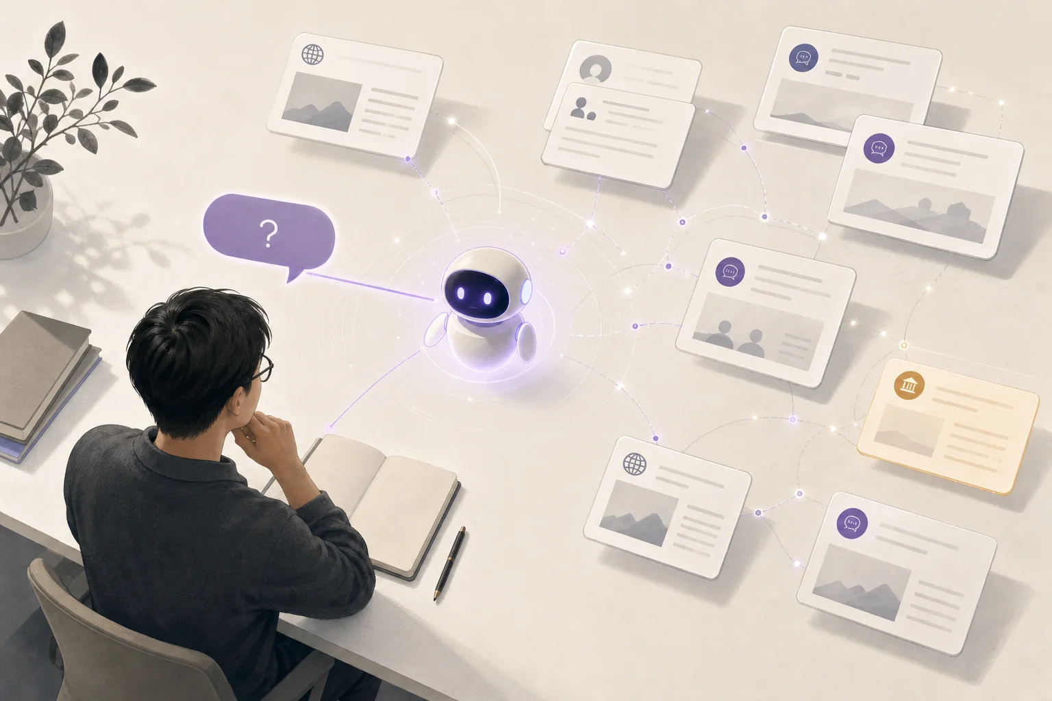 用户向 AI 提问,AI 连接新闻、社群与官方信息源的 Agentic 媒体概念场景(概念示意图)