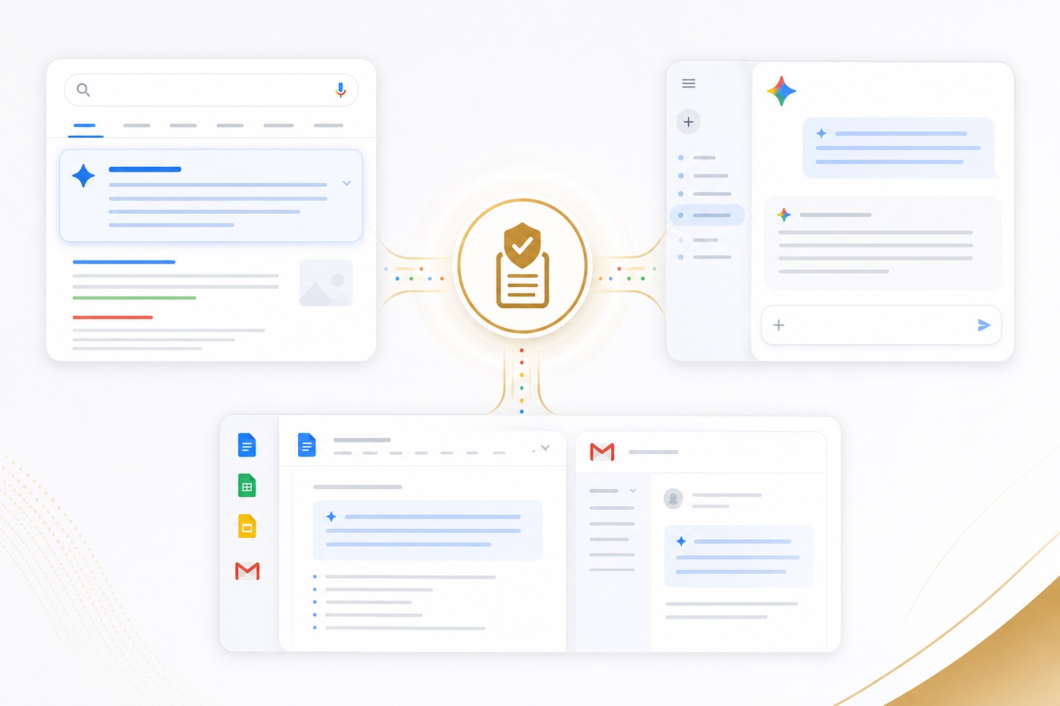 概念图:Gemini 与 Google 搜索、AI Overview 和 Workspace 场景之间的联系