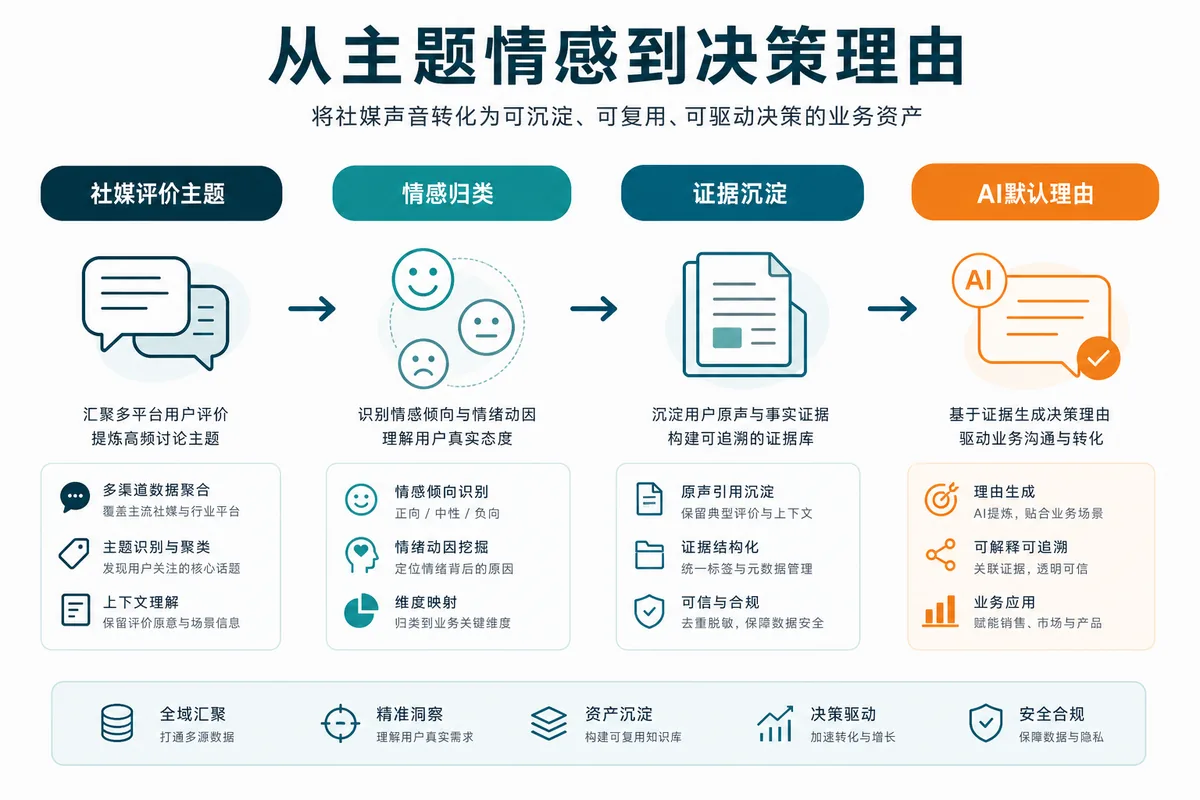 示意图:主题情感如何从社媒评价进入AI默认理由