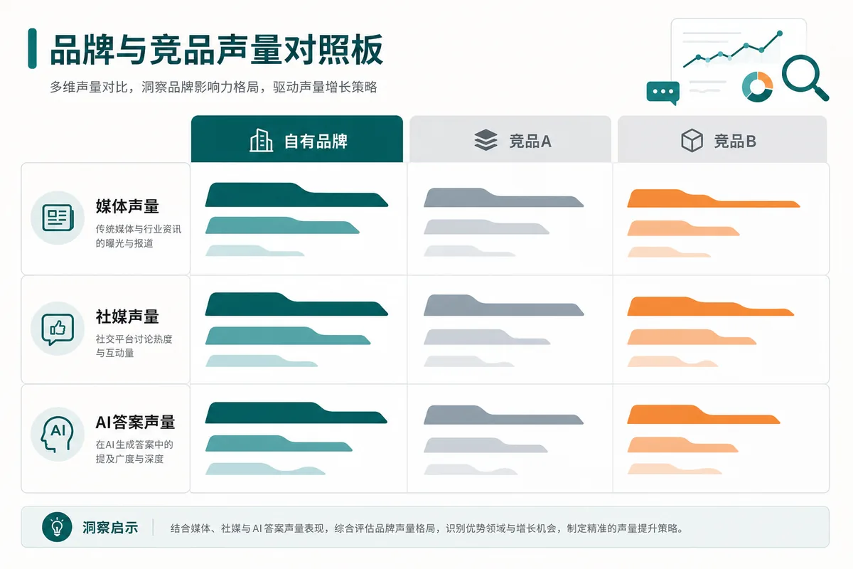 示意图:品牌与竞品 SoV 分层对照板(无具体百分比)