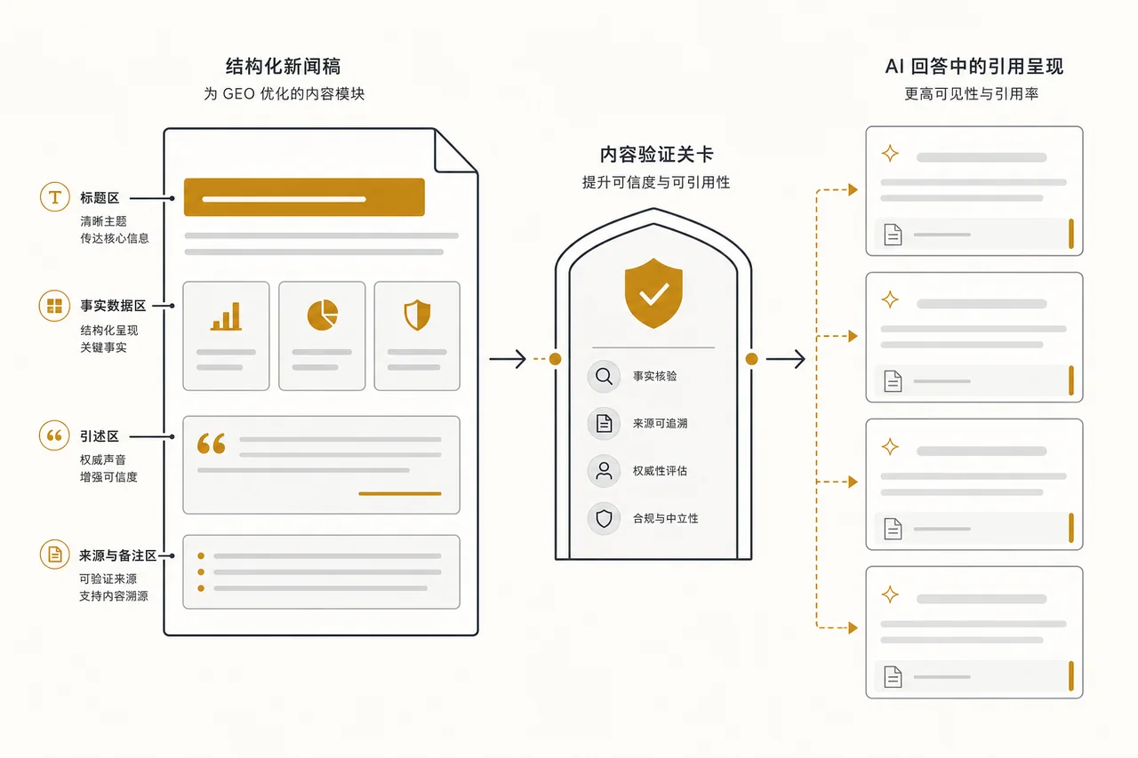 概念示意图:结构化新闻稿经事实验证后进入AI引用链(非真实产品界面)