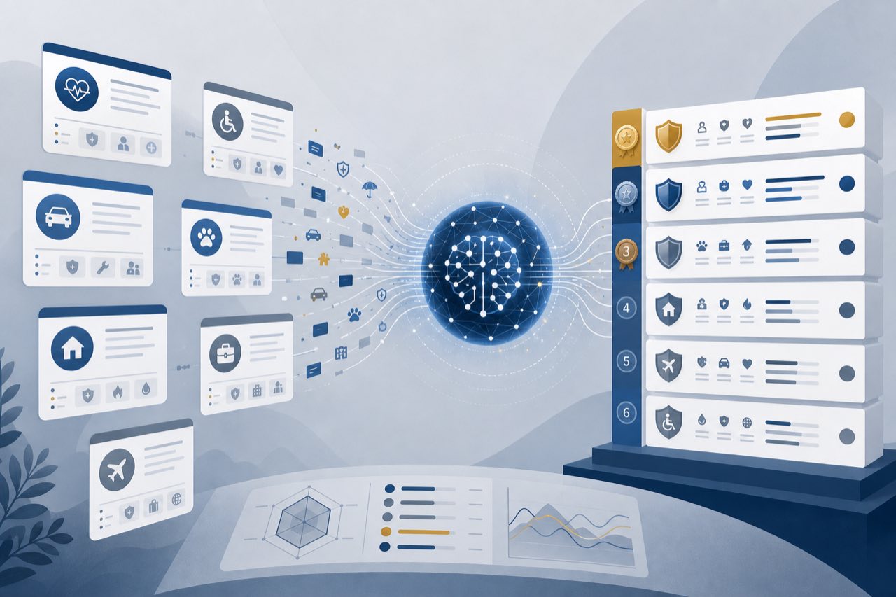 概念示意图:多个保险产品在 AI 比价场景中被排序对比,条款信息汇入推荐(概念示意,非真实产品界面)