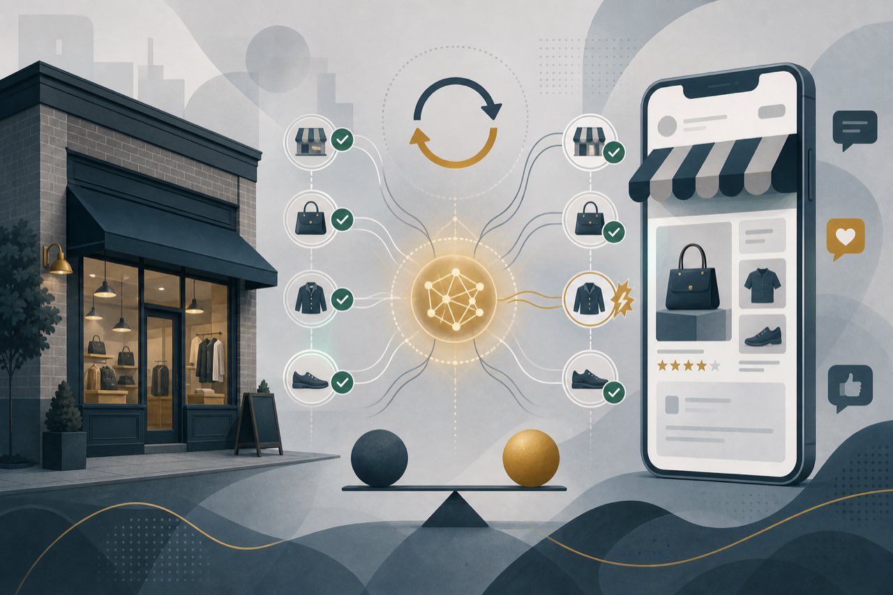 概念示意图:O2O 线下零售门店与线上电商、AI 回答的数字口碑一致性氛围