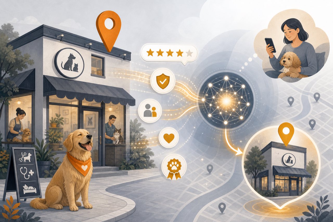概念示意图:养宠人通过 AI 查询附近宠物服务门店,本地口碑与资质信号汇入推荐(概念示意,非真实产品界面)
