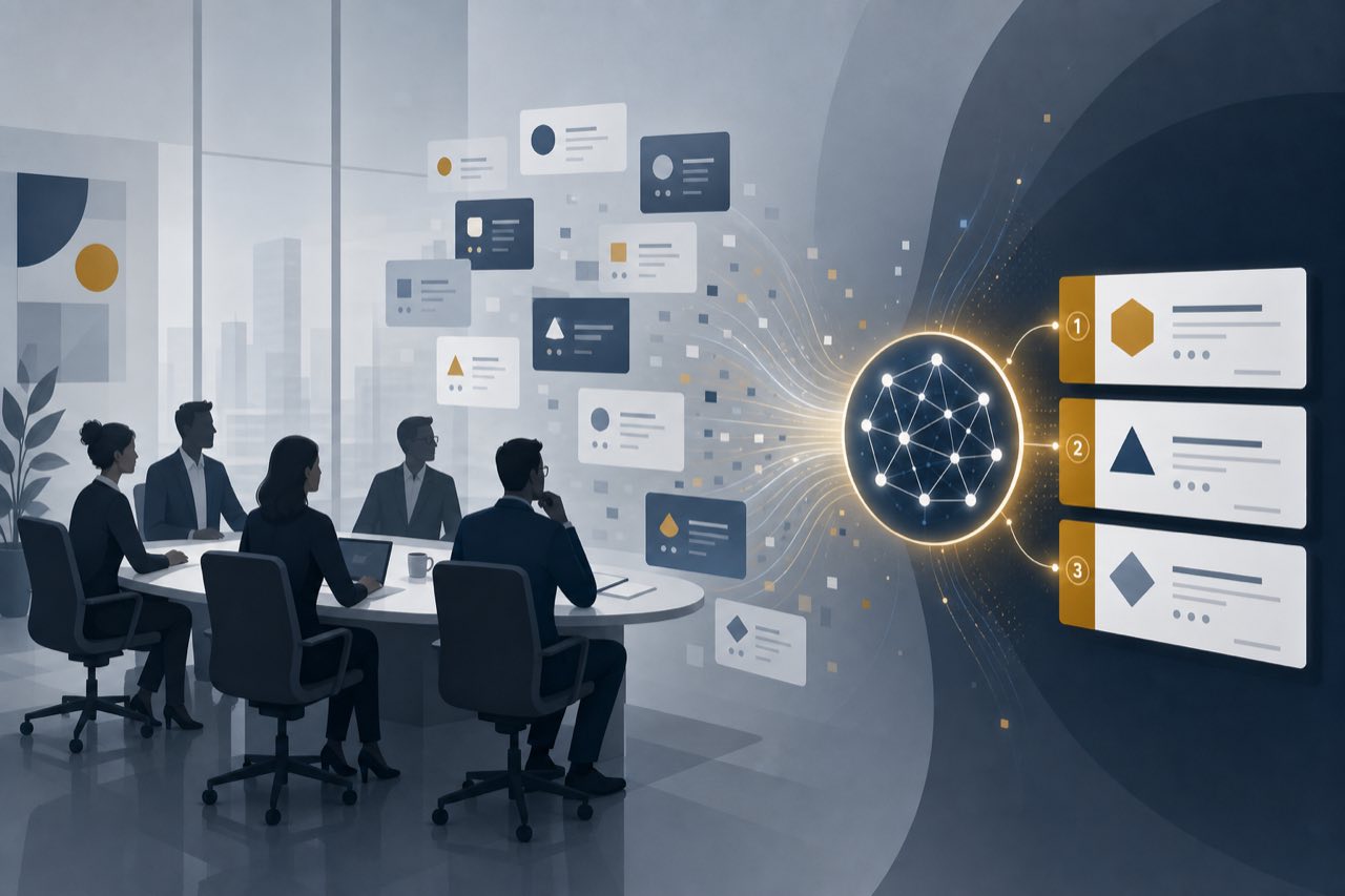 企业软件选型链路中 AI 生成短名单的概念示意图