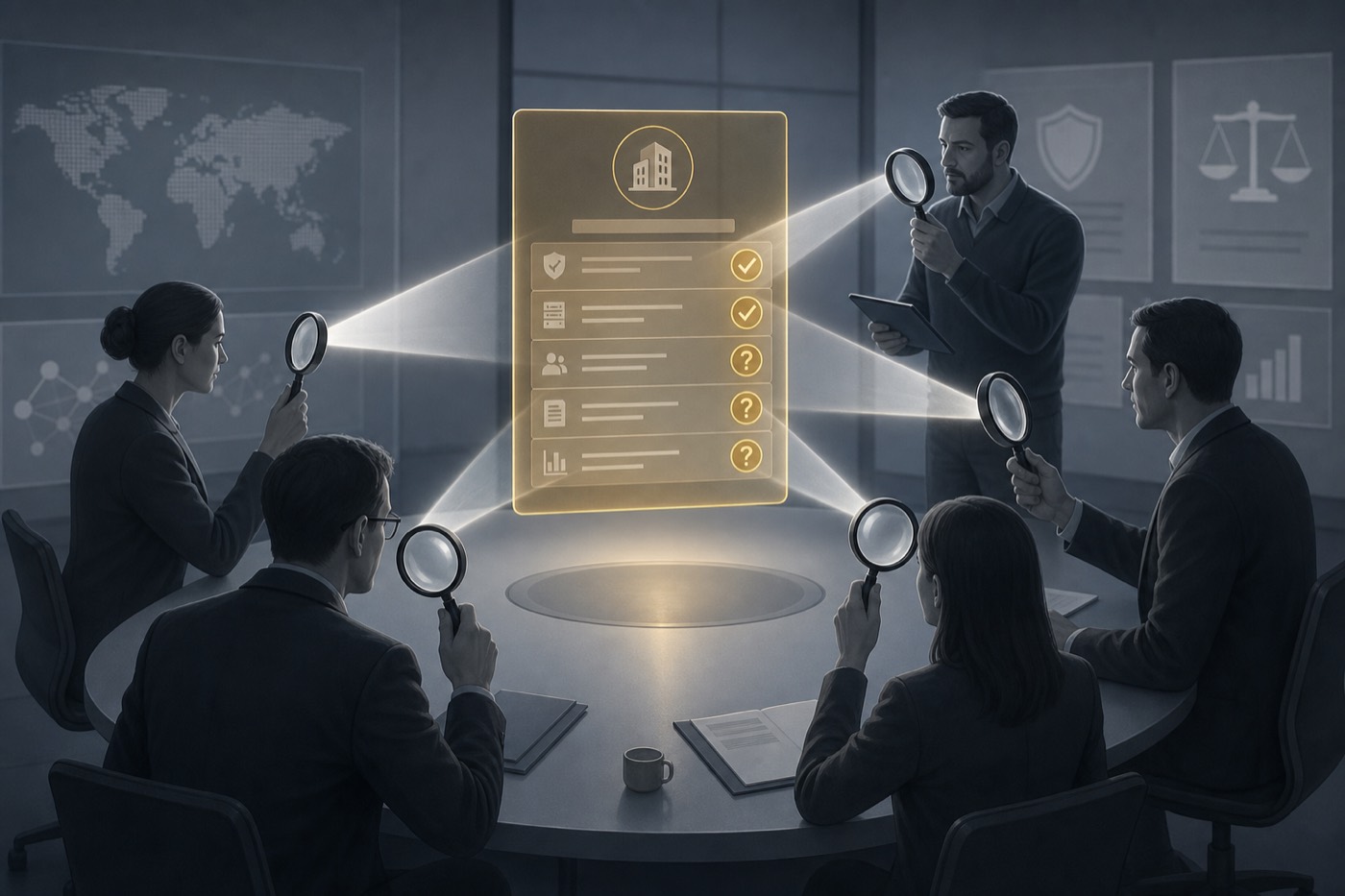 B2B 招标尽调示意:采购方多个角色各自用放大镜从不同角度交叉核对同一张品牌公开事实卡,卡上同时显示已核实事实与待核验问号